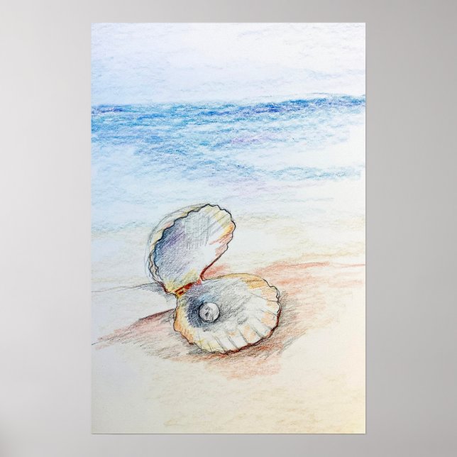 Affiche Perle Dans Coquille D'huitre Océan Vagues De Plage (Devant)