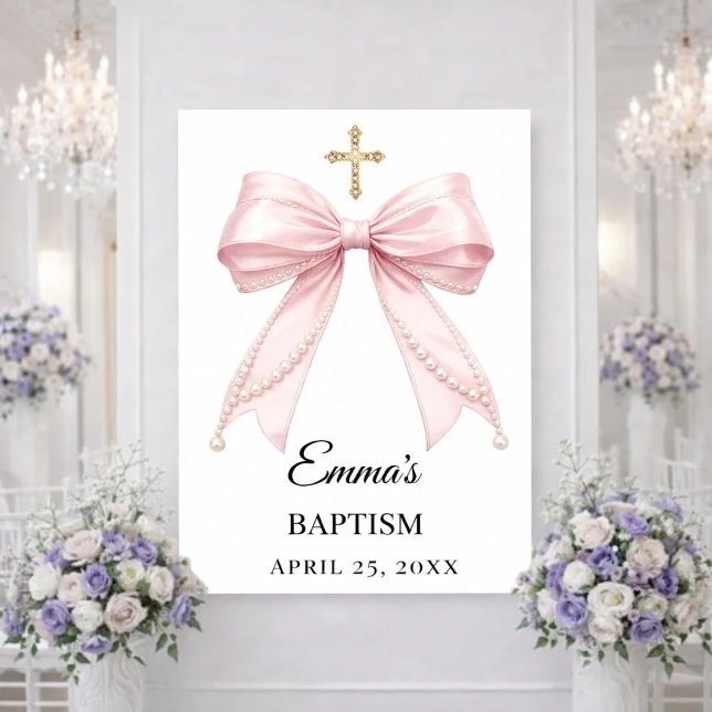 Affiche Perles à ruban rose Bienvenue au baptême (Créateur téléchargé)