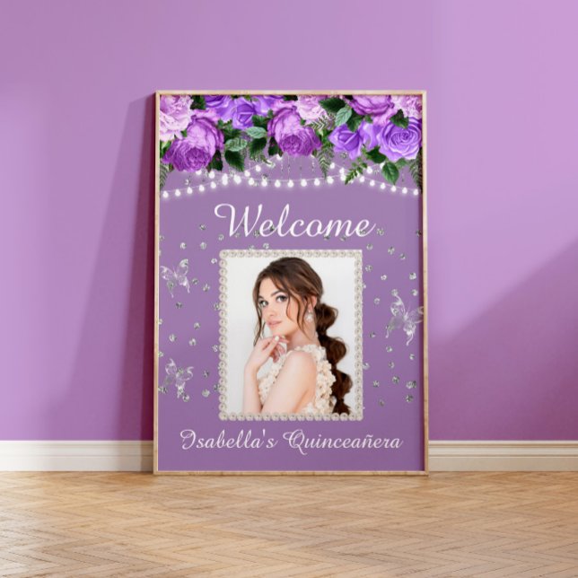 Affiche Perles blanches violettes Quinceañera Photo Nom d' (Créateur téléchargé)