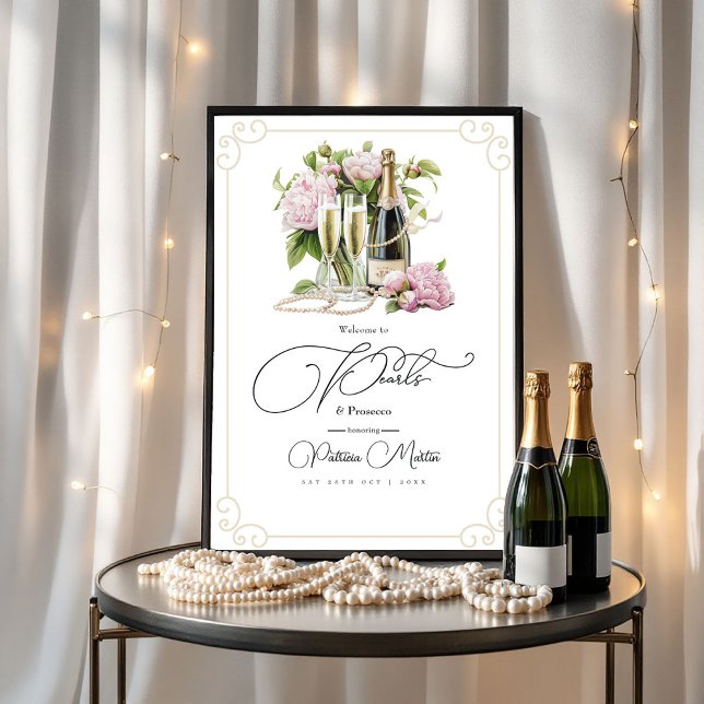 Affiche Perles élégantes et Fête des mariées Prosecco Bien (Elegant Pearls and Prosecco Bridal Shower Welcome Poster)