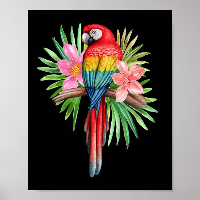 Affiche Perroquet dans les fleurs tropicales Été Plage Fêt (Devant)