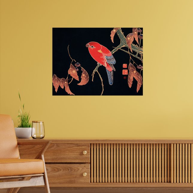 Affiche Perroquet rouge sur une branche d'arbre, (Salon 2)