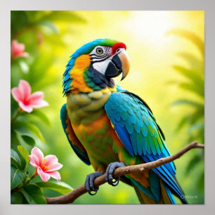 Affiche Perroquet tropical aux fleurs