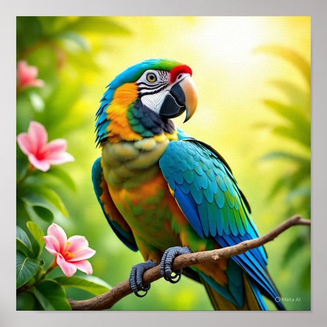 Affiche Perroquet tropical aux fleurs (Devant)