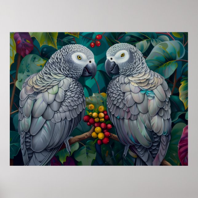 Affiche Perroquets Gris Africains Duo Persimmon-Berry  (Devant)