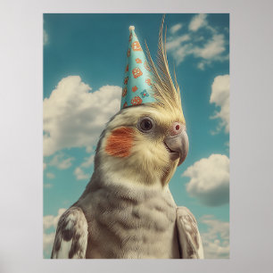 Affiche Perruche calopsitte avec chapeau d'anniversaire su