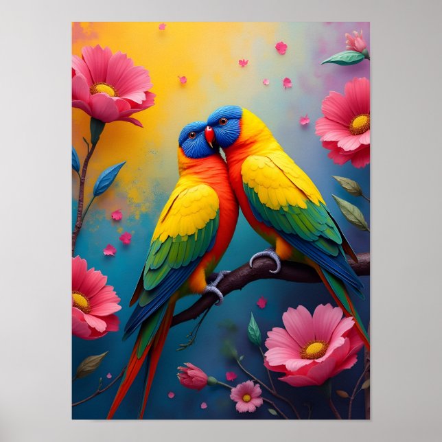 Affiche Perruches belles couleurs et fleurs (Devant)