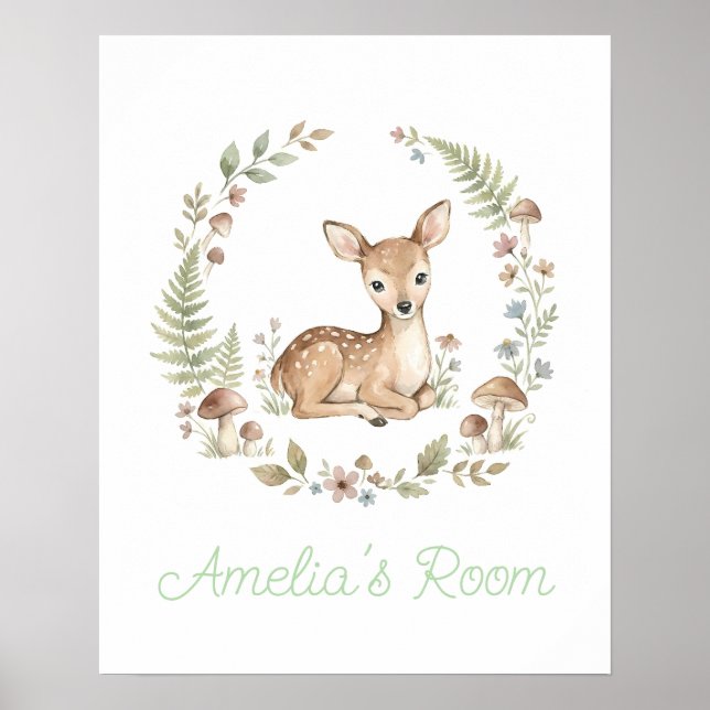Affiche Personalized Baby Deer Watercolor Boho Nursery (Devant)