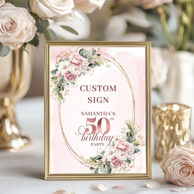 Affiche Personalized Chic Botanical 50th Birthday Tabletop (Personalized Chic Botanical 50th Birthday Tabletop Sign)