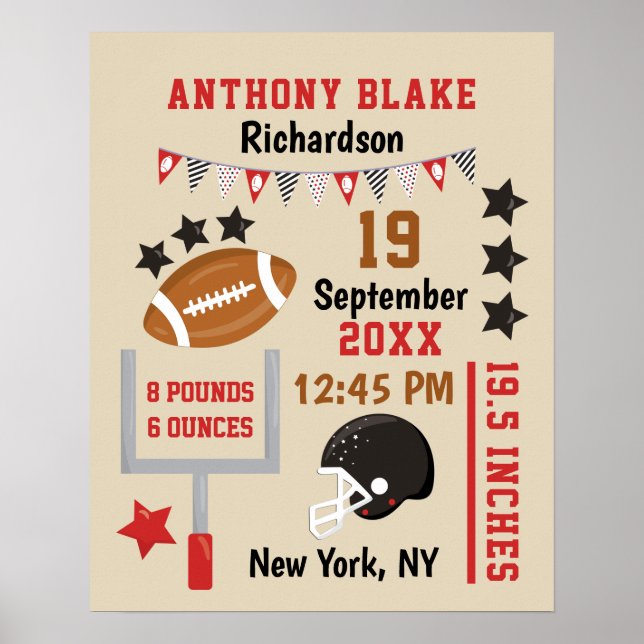 Affiche Personalized Football Baby Boy Birth Stats Record (Devant)