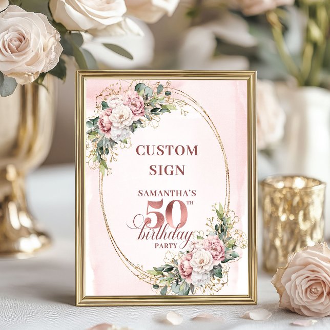 Affiche Personalized Graceful Blush Greenery 50th Birthday (Personalized Graceful Blush Greenery 50th Birthday Sign)
