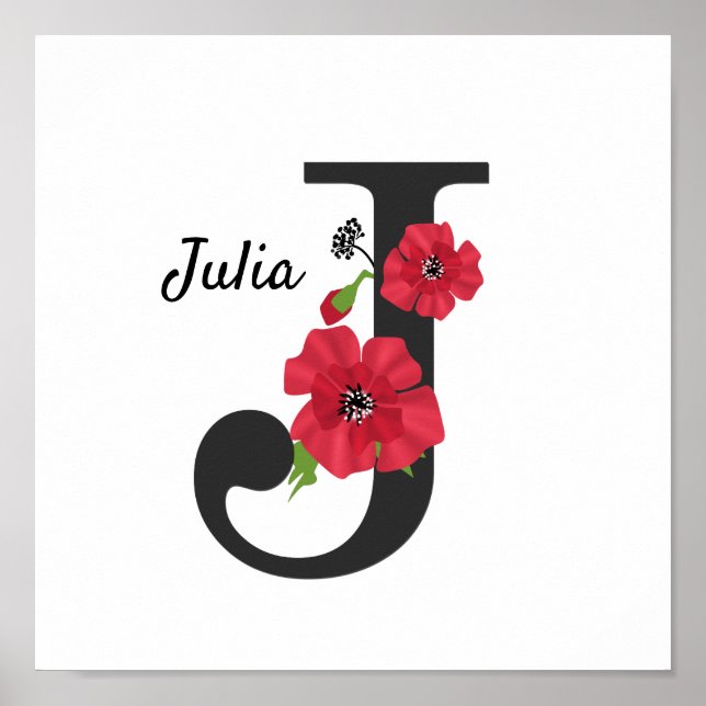 Affiche Personalized monogram editable J text red flower (Devant)