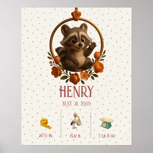 Affiche Personalized Newborn Baby – Raccoon & Birth Stats (Devant)