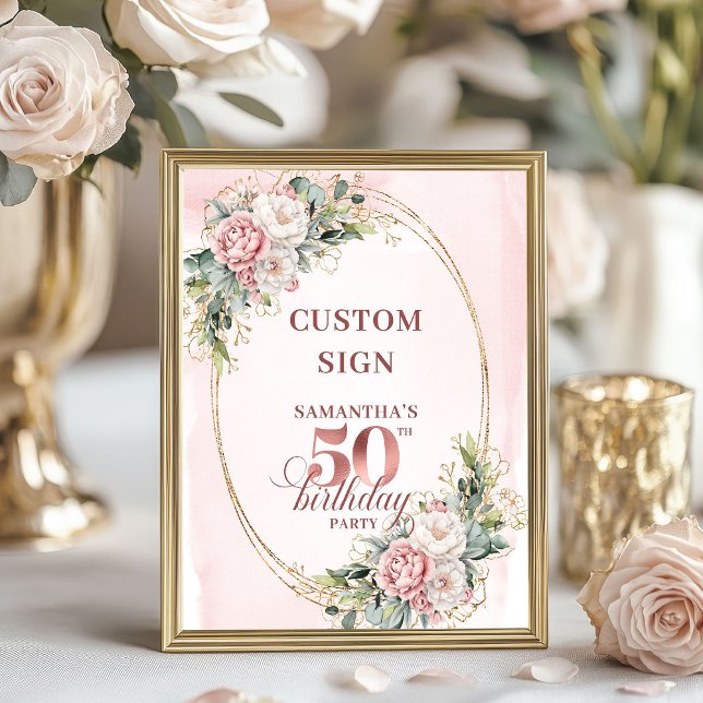 Affiche Personalized Romantic Rose Gold 50th Birthday 8x10 (Personalized Romantic Rose Gold 50th Birthday 8x10 Sign)