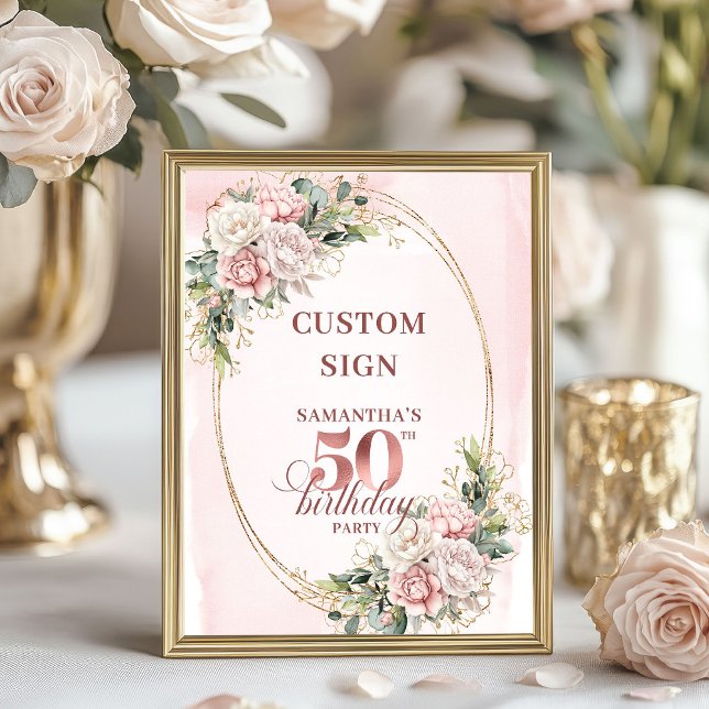 Affiche Personalized Rose Gold Botanical 50th Birthday   (Personalized Rose Gold Botanical 50th Birthday 8x10 Sign)