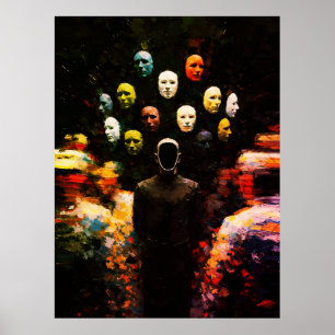 Affiche Personnage sans visage entouré de visages masqués