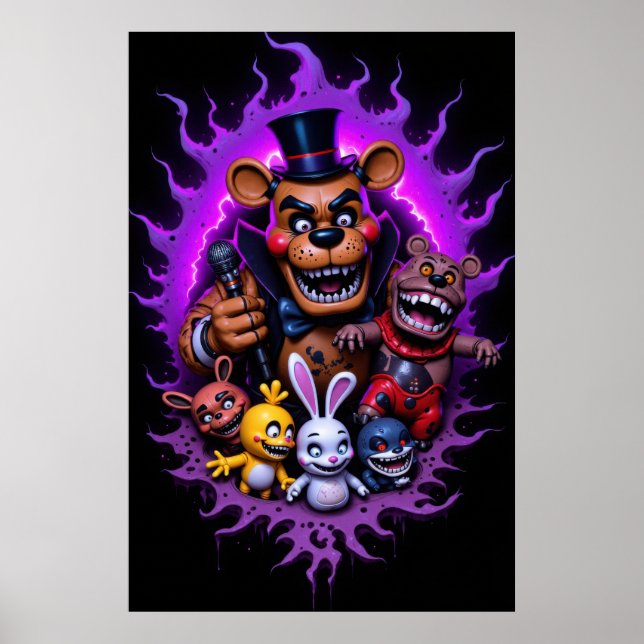 Affiche Personnages animés FNAF rassemblés avec du violet  (Devant)