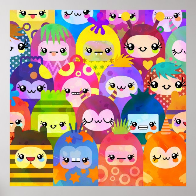 Affiche Personnages de dessin animé colorés mignons (Devant)