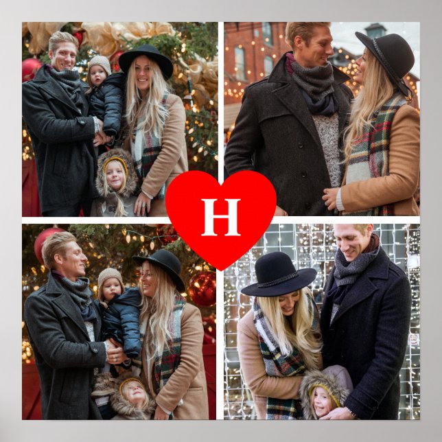 Affiche Personnalisé 4 Photo Collage Red Heart Monogramme (Devant)