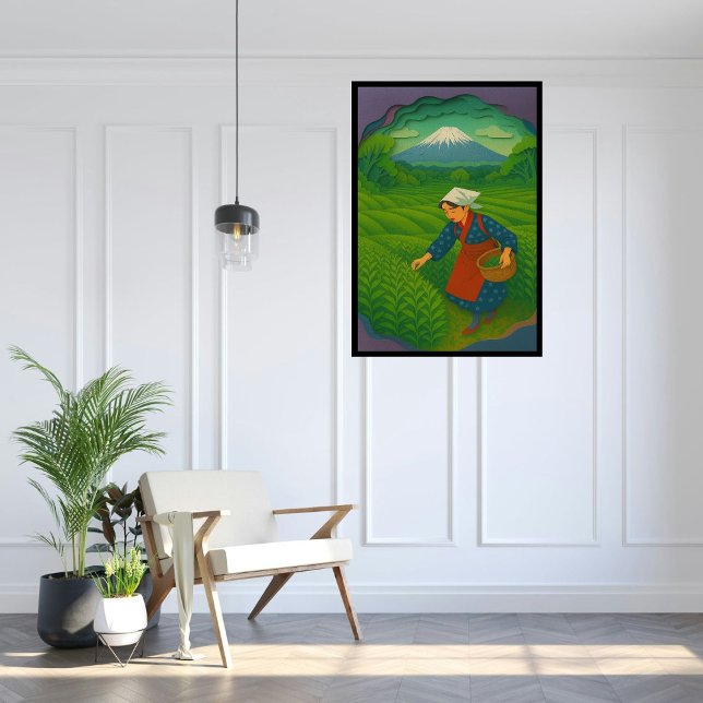 Affiche Personnalisé Japon Voyage Paysage esthétique Mt.Fu (Tea field and Mt. Fuji in Shizuoka, japan.  Paper cutting style art.)