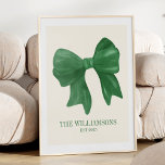 Affiche Personnalisé Nom De Famille Est Date Coquette Gree<br><div class="desc">Célébrez l’héritage de votre famille grâce à cette affiche personnalisée de marque Est Date Coquette Green Bow, un joli ajout à n’importe quelle maison. Doté d'un arc vert délicat et d'une écriture élégante, ce design allie une touche douce et féminine à une personnalisation intemporelle. Parfait pour présenter votre nom de...</div>