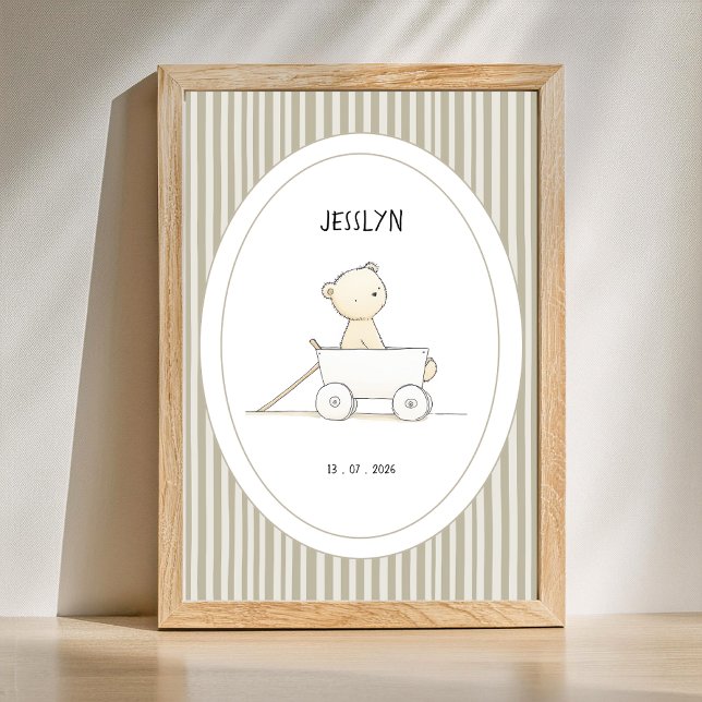 Affiche personnalisée avec un ours mignon dans une (Customize name and date newborn baby nursery poster with sage green stripes.)