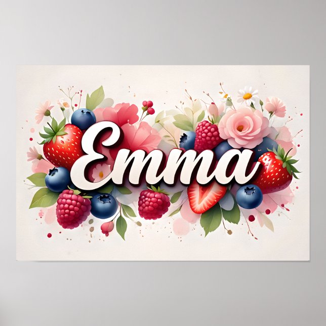 Affiche personnalisée de nom floral aux fruits rou (Devant)
