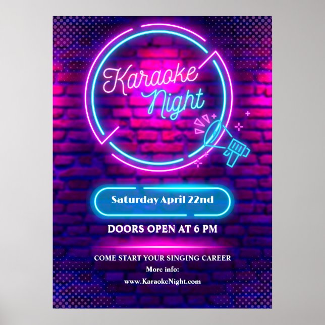 Affiche Personnaliser Neon Karaoke Night Taille Moyenne (Devant)