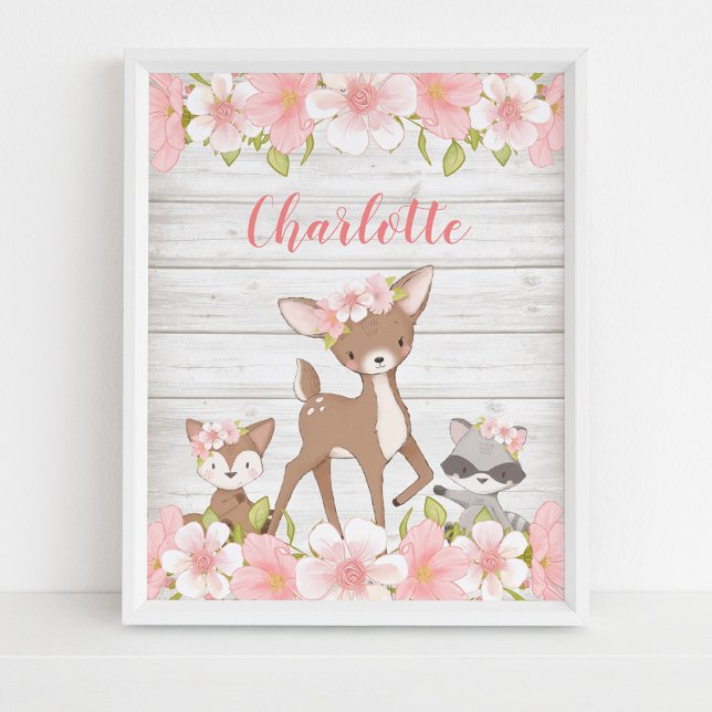 Affiche Personnalité de Rustic Pink Floral Woodland Animal (Créateur téléchargé)