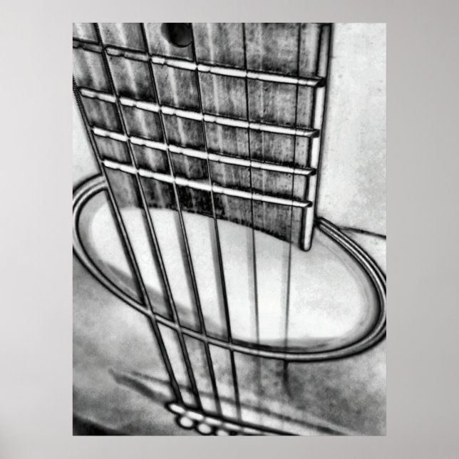 Affiche Perspective guitare acoustique Cordes Noir Blanc (Devant)