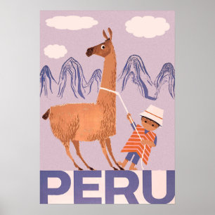 Affiche Peru, a boy with big lama, vintage travel