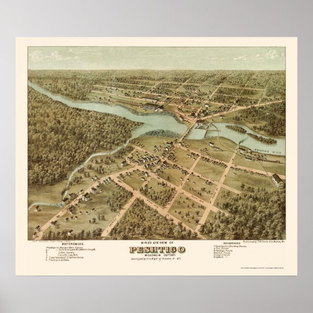 Affiche Peshtigo, Carte panoramique WI - 1871 (Devant)