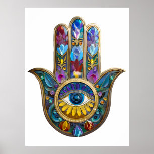 Affiche Pétales Colorés Feuilles Hamsa Saphir Troisième Oe