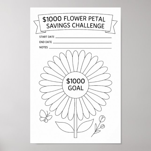 Affiche Pétales de fleurs $1000 Savings Challenge Tracker (Devant)