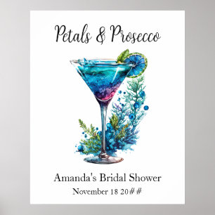 Affiche Pétales et Prosecco Bleu Floral Blush Fête des mar