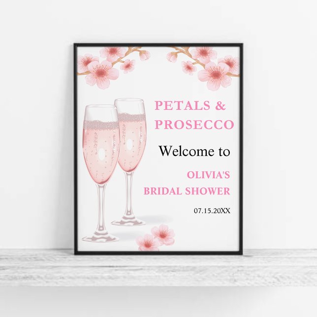 Affiche Pétales & Procuco Fête des mariées Florale Bienven (Petals & Prosecco Blush Pink Watercolor Floral Bridal Shower Welcome Sign   )