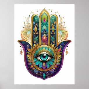 Affiche Pétales violets verts or Hamsa Turquoise Troisième