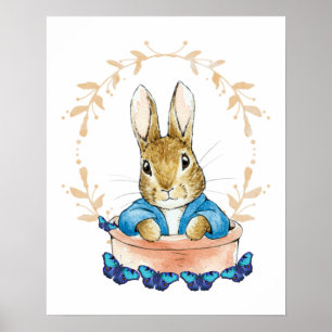 Affiche Peter le lapin en pot avec des papillons bleus