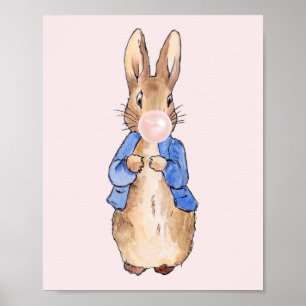 Affiche Peter le lapin souffle une bulle rose gomme