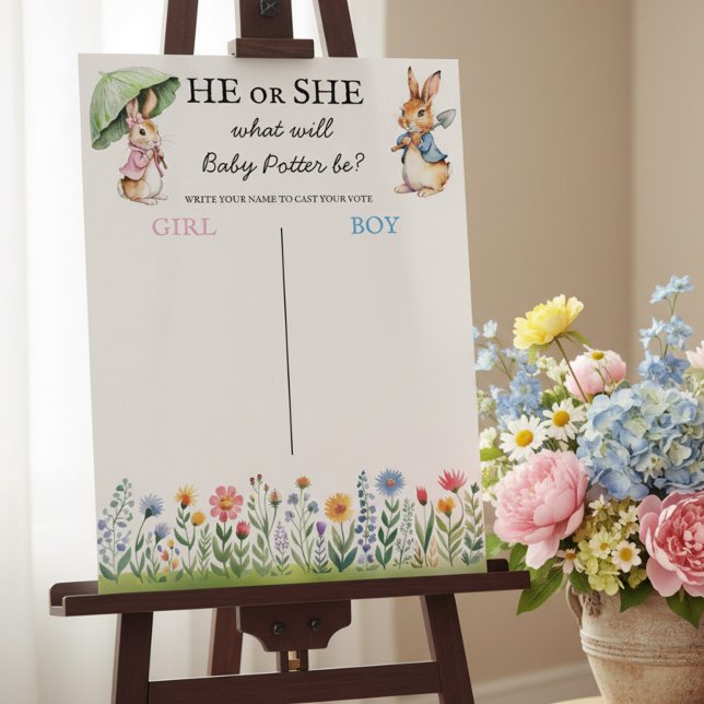 Affiche Peter Rabbit He or She Gender Reveal Voting Game (Peter Rabbit storybook themed gender reveal voting poster game.)