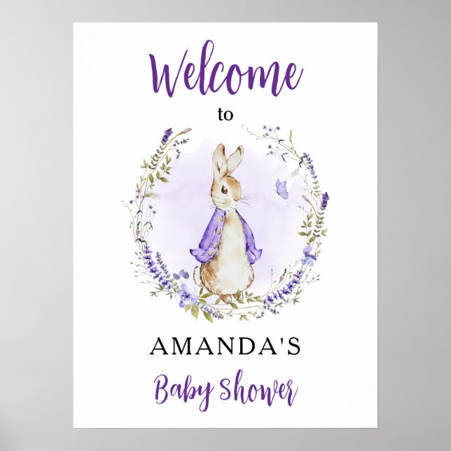 Affiche Peter Rabbit Purple Baby shower Bienvenue (Devant)