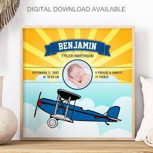 Affiche Petit avion bleu pilote bébé photo stats de naissa