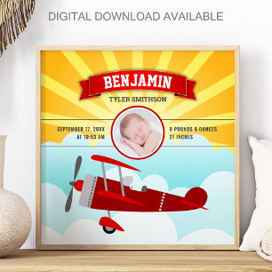 Affiche Petit avion rouge pilote bébé photo naissance stat