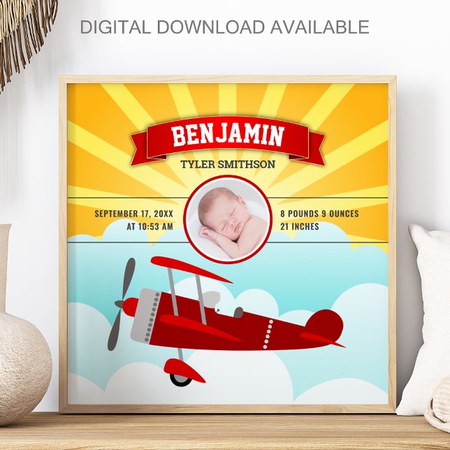Affiche Petit avion rouge pilote bébé photo naissance stat (Créateur téléchargé)