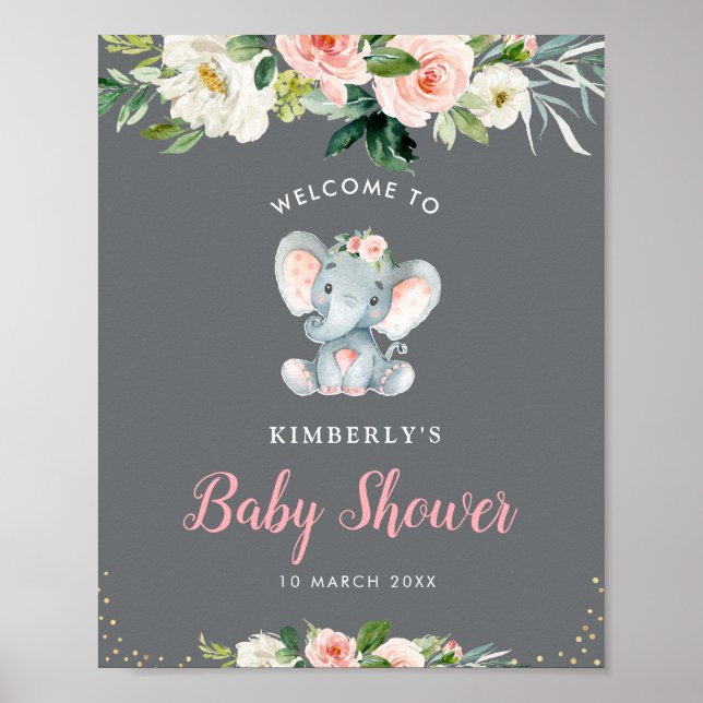 Affiche Petit baby shower à fleurs d'éléphant signe de bie (Devant)