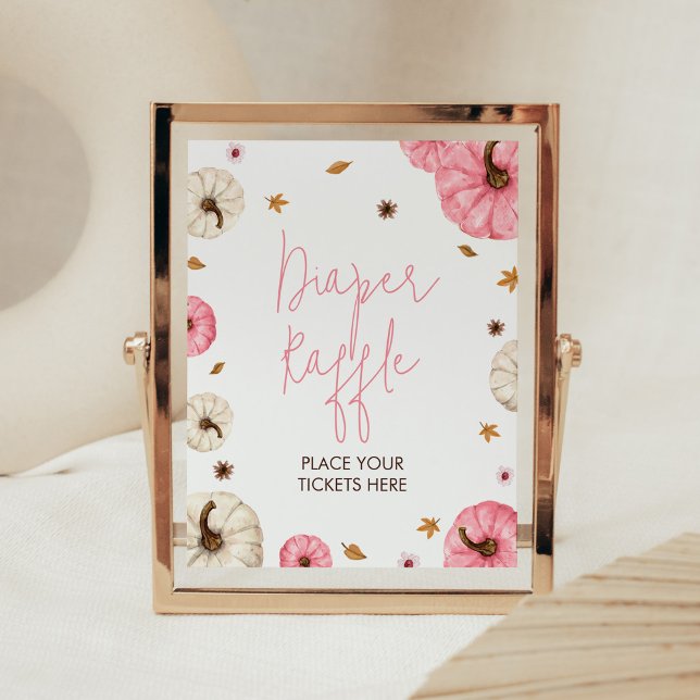 Affiche Petit Baby shower Citrouille Chute Rose Petit Barr (Girl Fall Pumpkin Baby Shower Diaper Raffle Sign)