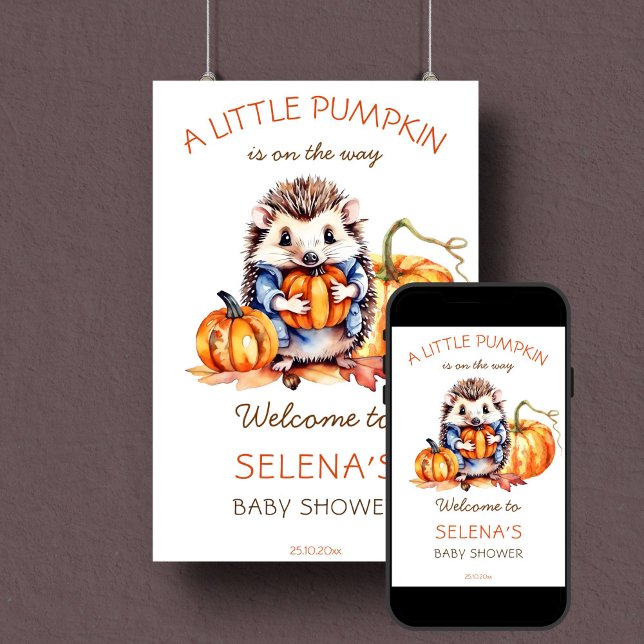 Affiche Petit baby shower citrouille mignon hérisson accue (Little pumpkin fall themed baby shower welcome sign cute hedgehog with pumpkins woodlands download)
