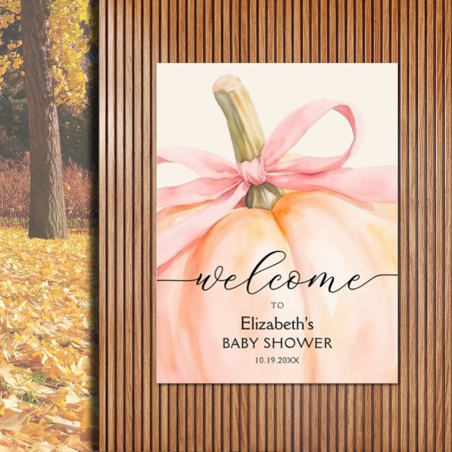 Affiche Petit Baby shower Citrouille rose Bow Accueil (Girl baby shower pumpkin welcome poster, PRINTED and/or INSTANT DOWNLOAD, choose size when ordering)