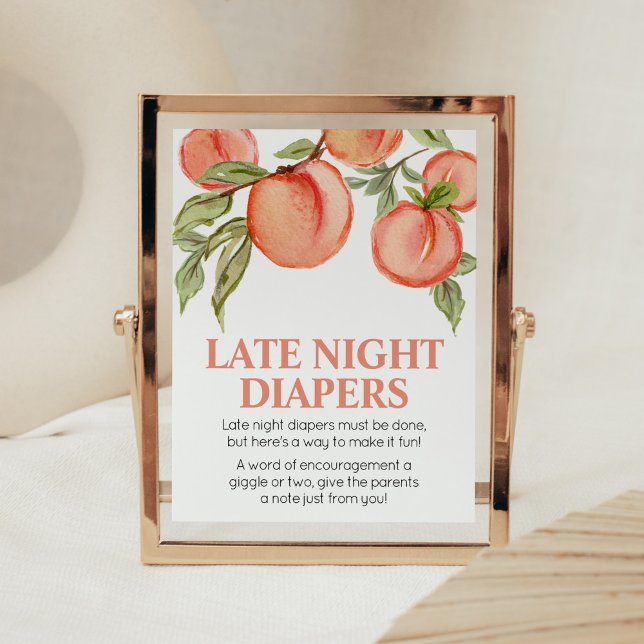 Affiche Petit Baby shower de pêche sucré Diapeurs nocturne (Peach Summer Baby Shower Late Night Diapers Sign)