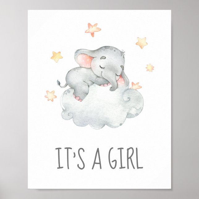 Affiche Petit Baby shower éléphant C'est un signe de fille (Devant)
